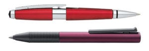 Two capless rollerball pens; the Cross Edge in red and Lamy Tipo in black purple