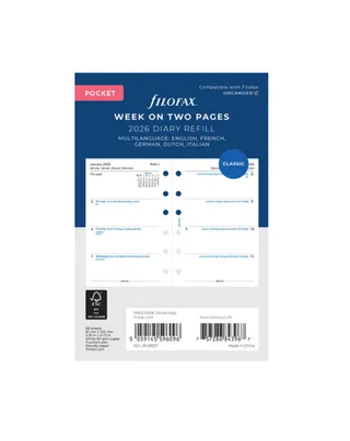 Filofax Pocket Diary Refill Multilanguage - Week on Two Pages 2026 - White