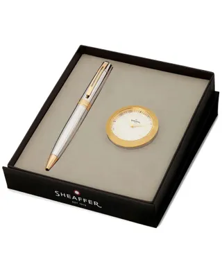 Sheaffer 300 Bright Chrome Ballpoint Pen & Gold Plated Table Clock Gift Set