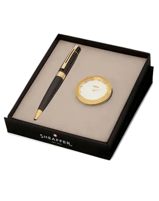 Sheaffer 300 Glossy Black Ballpoint Pen & Gold Plated Table Clock Gift Set